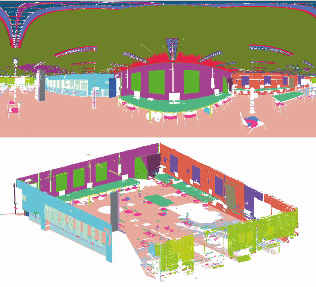 Enlarged view: Extracted planes in 2D representation (top) and in 3D space (bottom)
